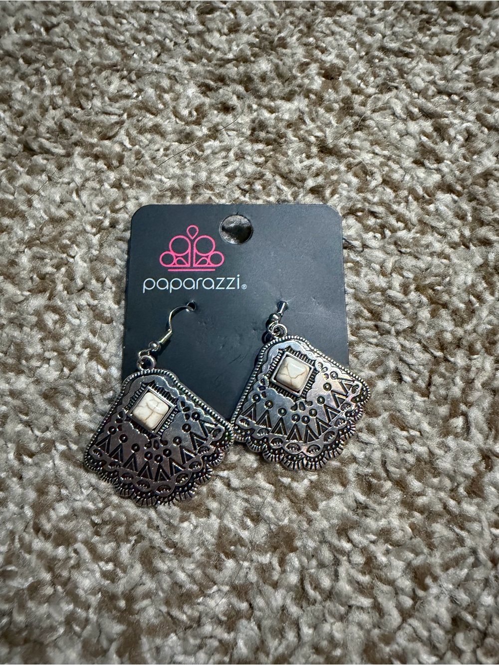 paparazzi Silver Filigree Square Drop Earrings with Cream Accent